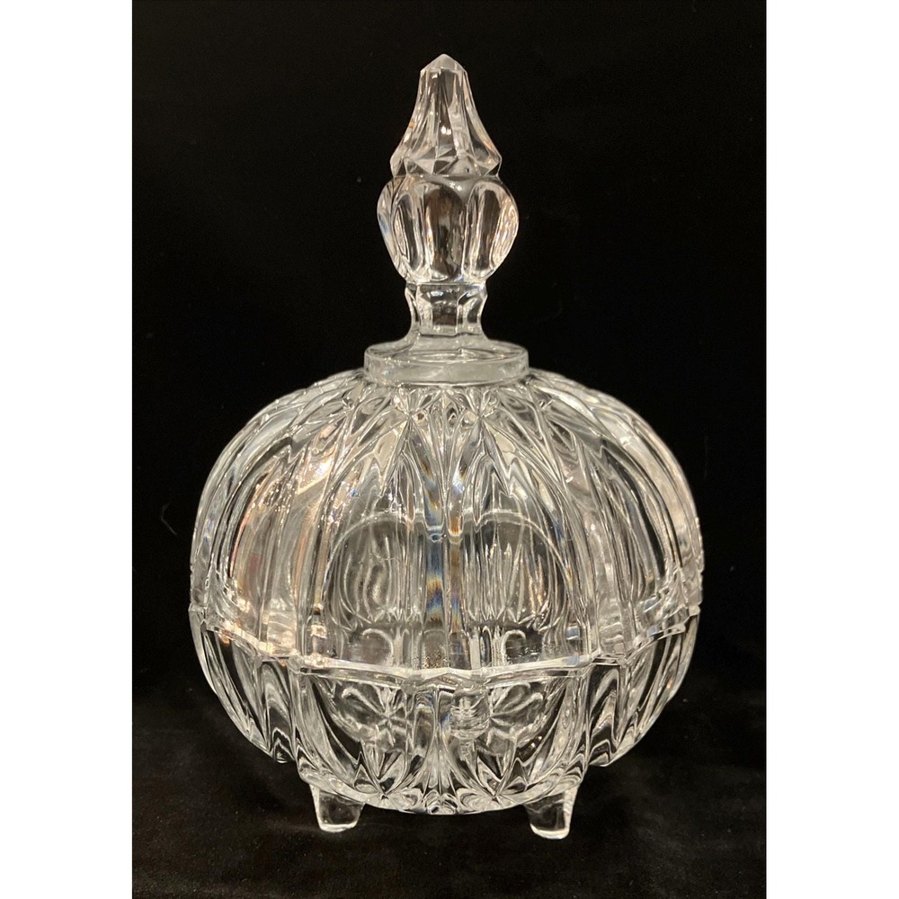 Vintage Footed Crystal Clear Cut Glass Candy Dish Bowl W/ Finial Lid 8"
